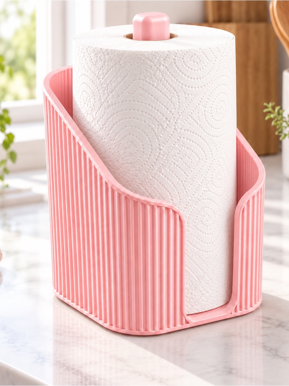 Pink Paper Towel Holder with Vertical Ribbed Design